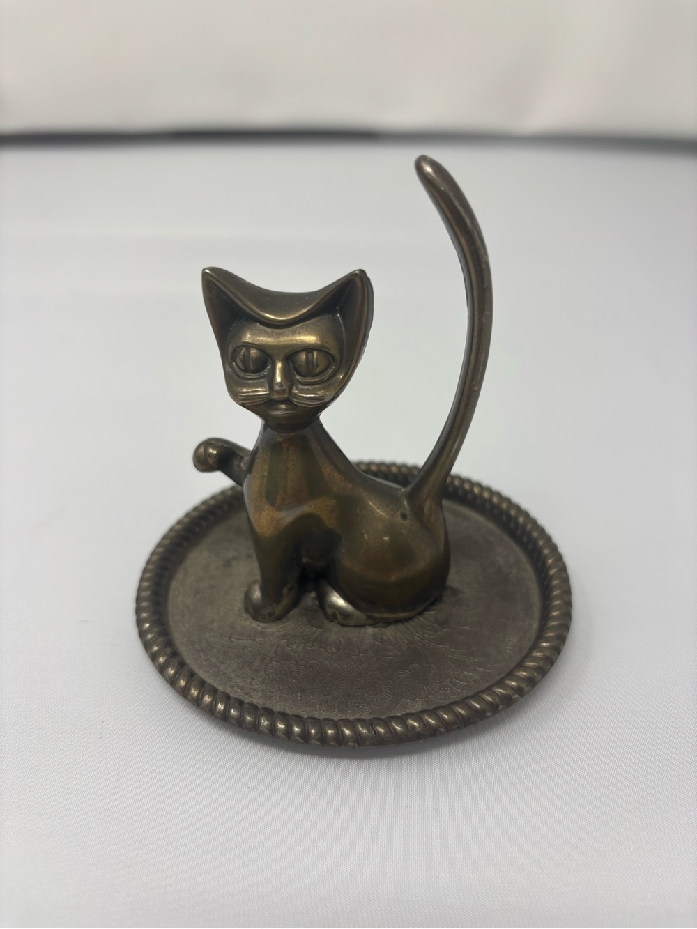 Brass silver plated Cat Ring Dish with Tall Tail, mid century, 3 inches